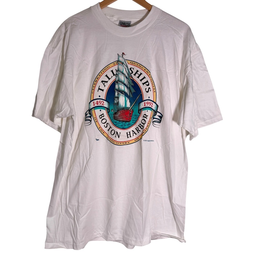 Vintage Oneita Men's 1992 Boston Harbor Tall Ships T Shirt White XL